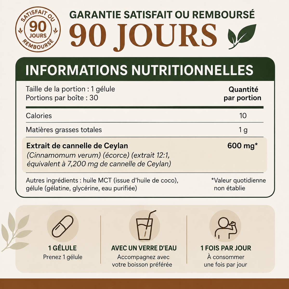 Informations nutritionnelles et garantie 90 jours