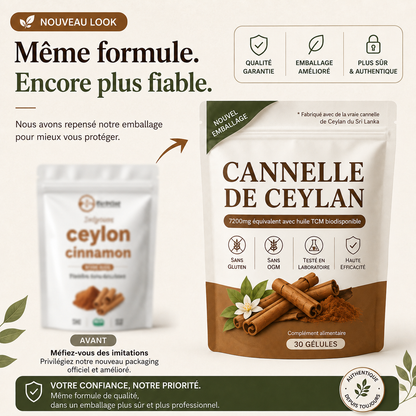 Nouvel emballage — cannelle de Ceylan du Sri Lanka, 7200 mg équivalent avec huile MCT, 30 gélules