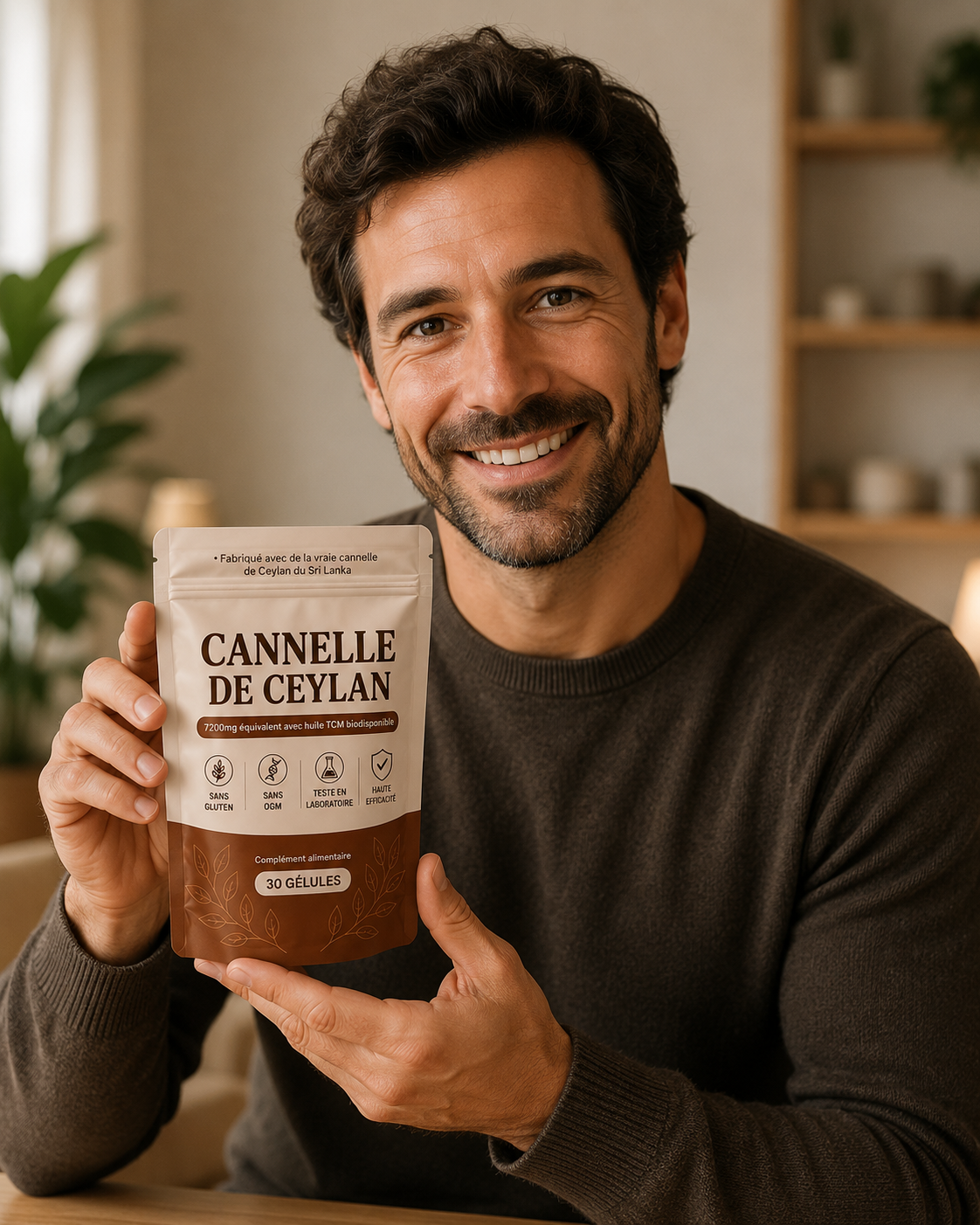 Homme souriant tenant une boite de Verucane Cannelle de Ceylan, 7200 mg equivalent avec huile MCT, 30 gelules
